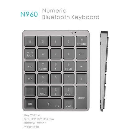 N960 28 Keys Rechargeable Bluetooth Numeric Keypad Aluminum Alloy Wireless Number Pad Portable Keyboard for PC Laptop