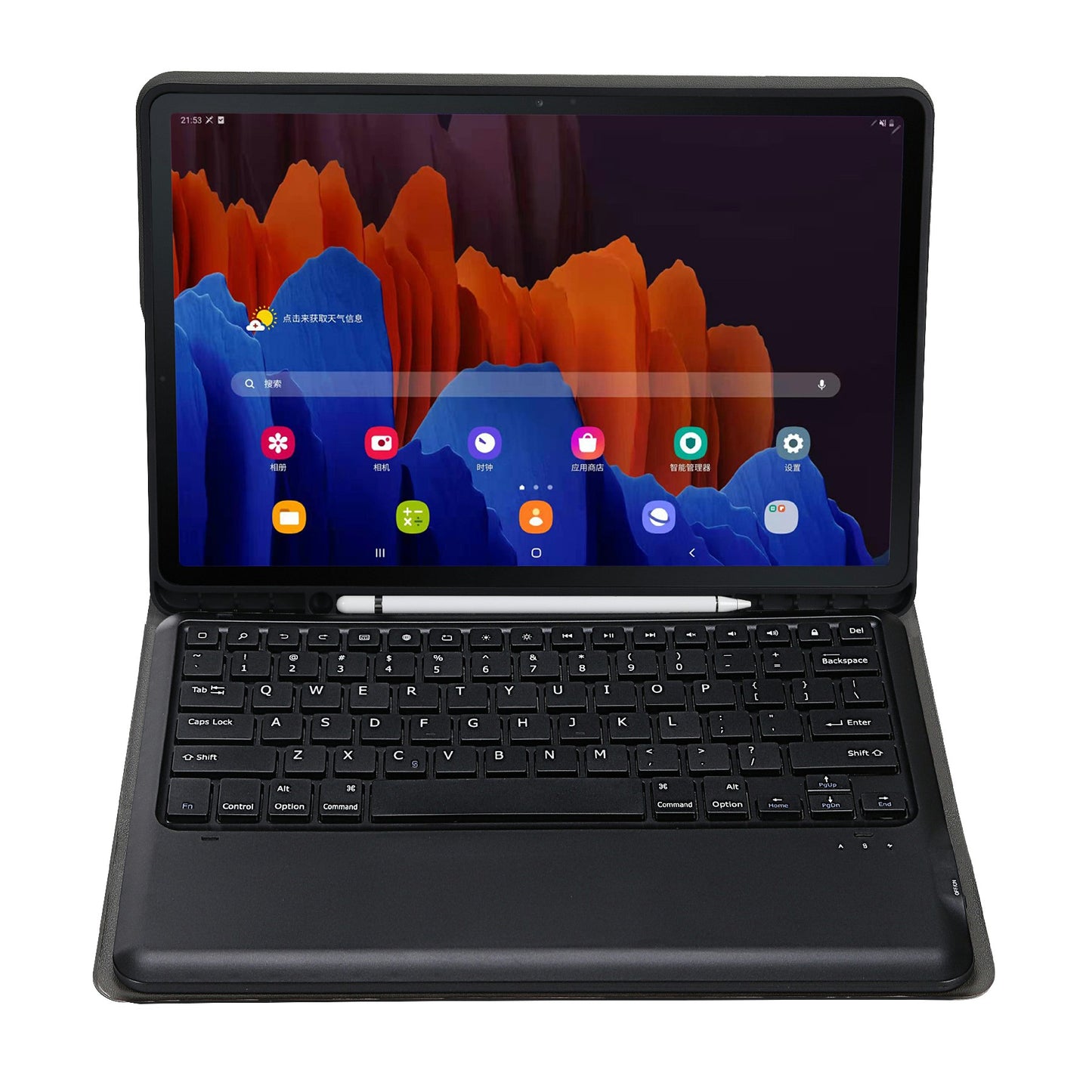 A970B Leather Case Bluetooth Keyboard with Built-in Pen Slot for Samsung Galaxy Tab S7 FE T730 T736/S7 Plus 12.4 Inch (T970/T975 2020)