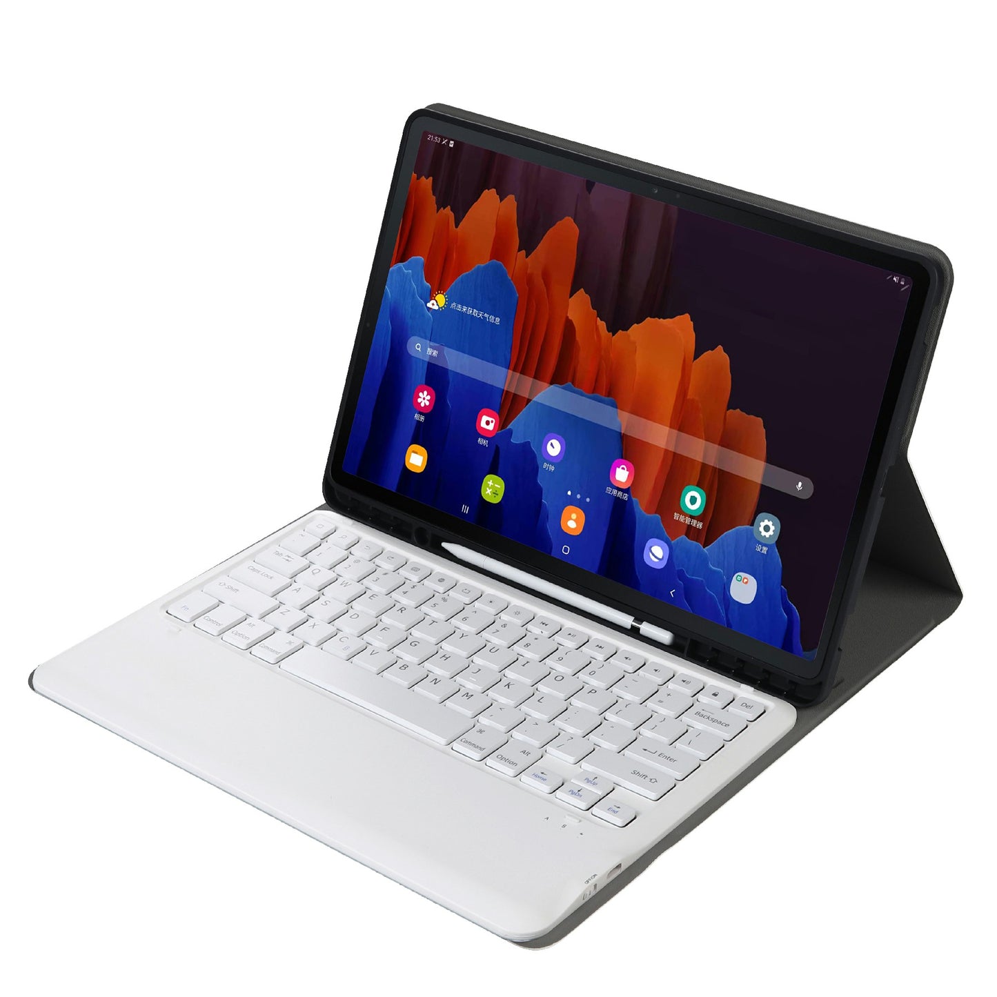 A970B Leather Case Bluetooth Keyboard with Built-in Pen Slot for Samsung Galaxy Tab S7 FE T730 T736/S7 Plus 12.4 Inch (T970/T975 2020)