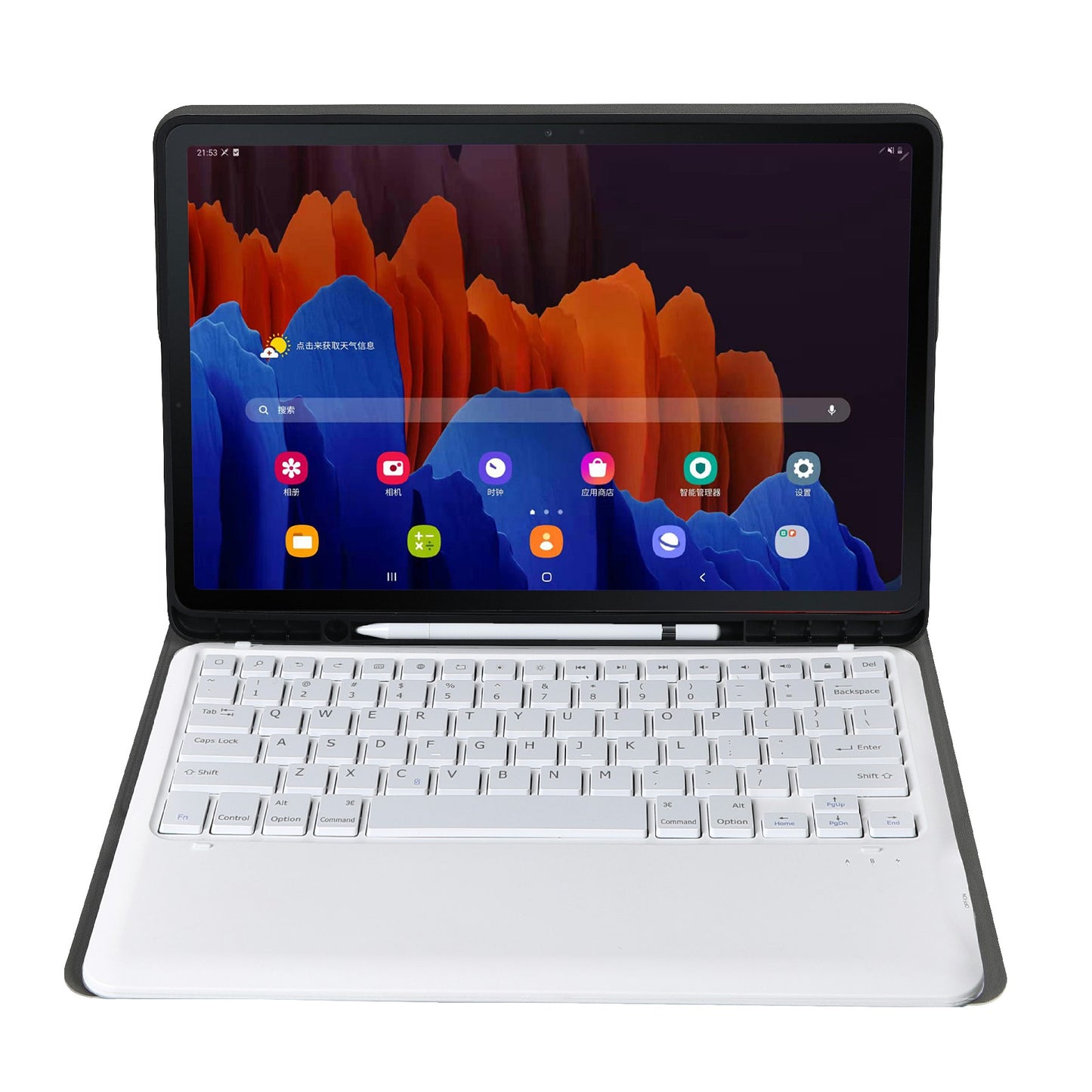 A970B Leather Case Bluetooth Keyboard with Built-in Pen Slot for Samsung Galaxy Tab S7 FE T730 T736/S7 Plus 12.4 Inch (T970/T975 2020)