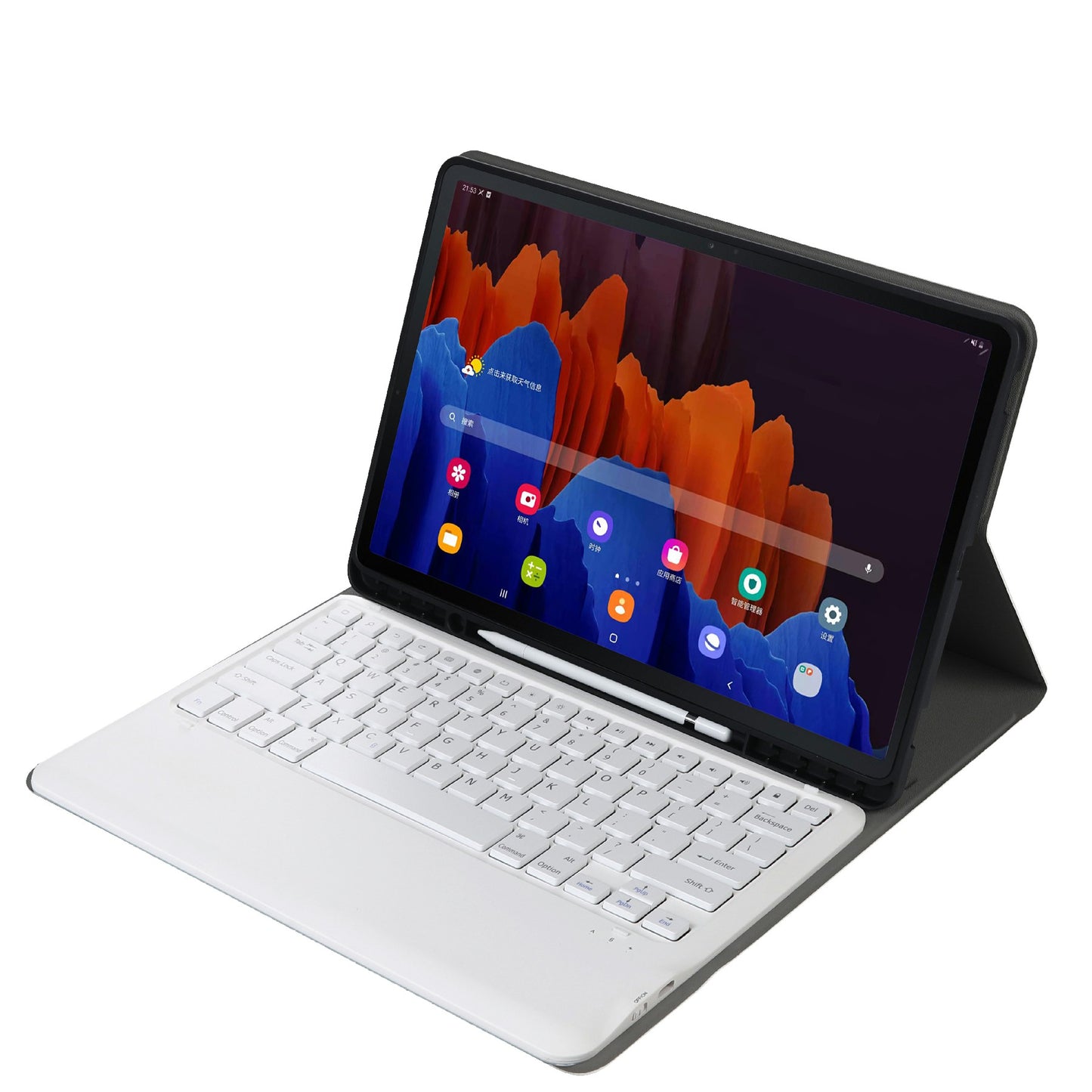 A970B Leather Case Bluetooth Keyboard with Built-in Pen Slot for Samsung Galaxy Tab S7 FE T730 T736/S7 Plus 12.4 Inch (T970/T975 2020)