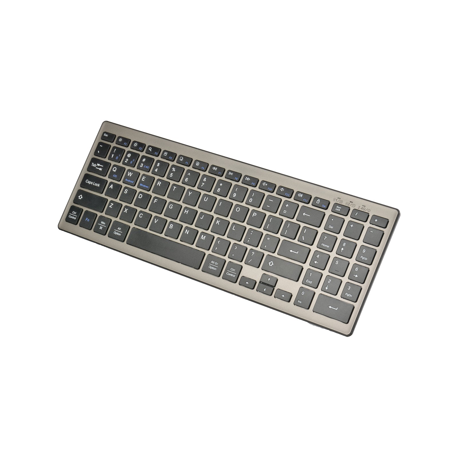 168 2.4G+Dual Bluetooth 95-Key Two Zones Battery Operated Wireless Keyboard for Apple Android Windows