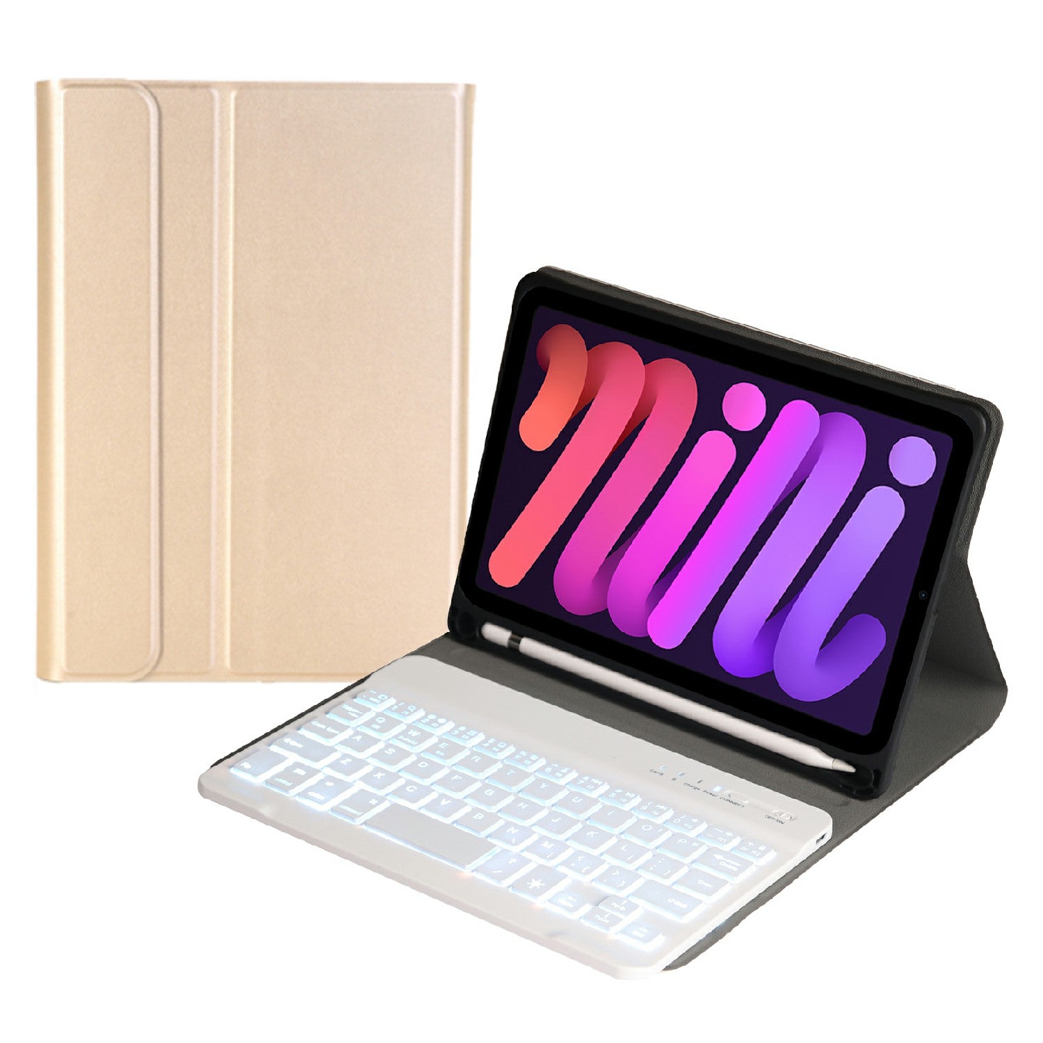 A06BS Ultra-thin Leather Tablet Stand Protective Case Shell + Backlit Bluetooth Keyboard with Pen Slot for iPad mini (2021)