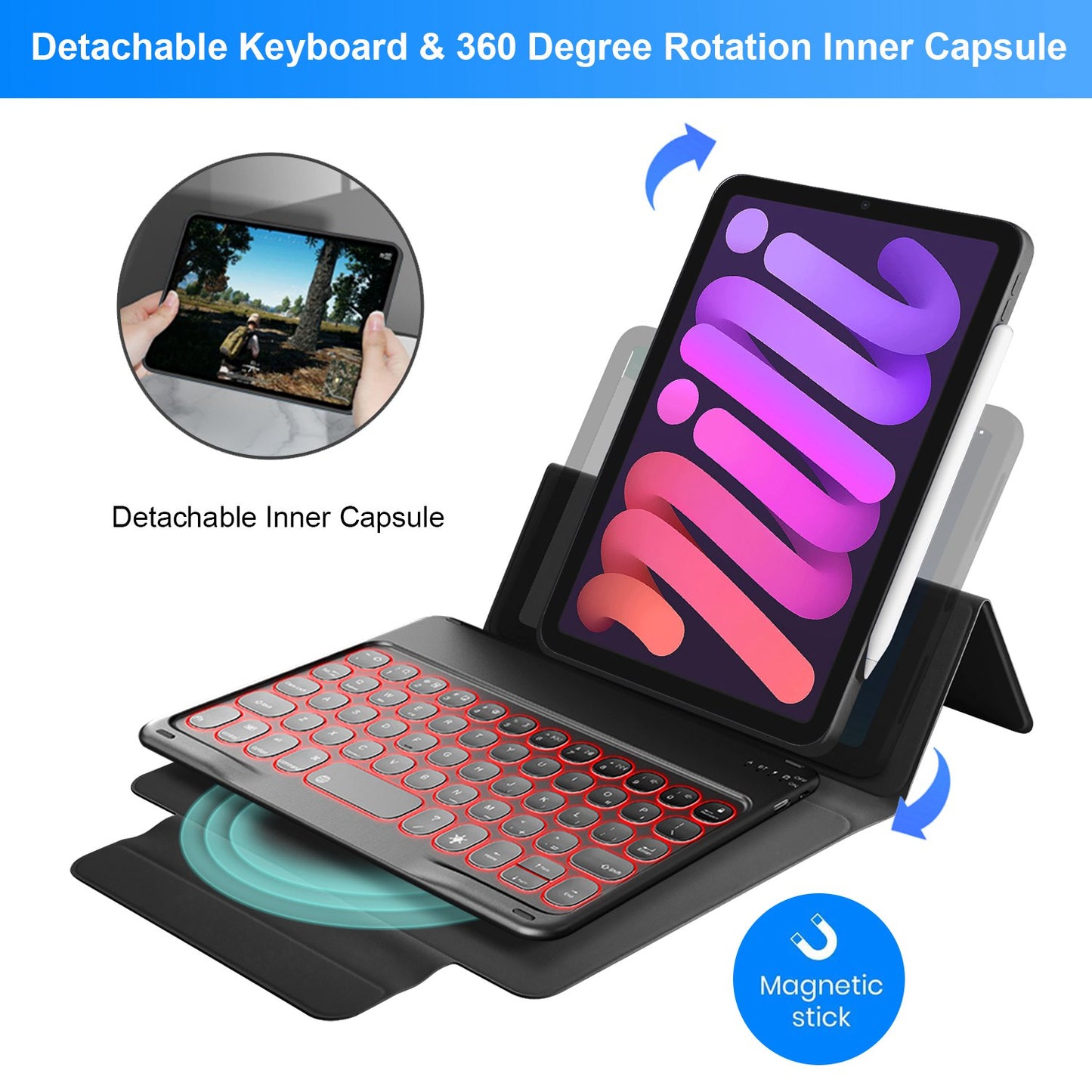 Detachable TPU Tablet Stand Case Shock Resistant Magnetic Detachable Bluetooth Keyboard Protective Cover with Backlit for iPad mini (2021)