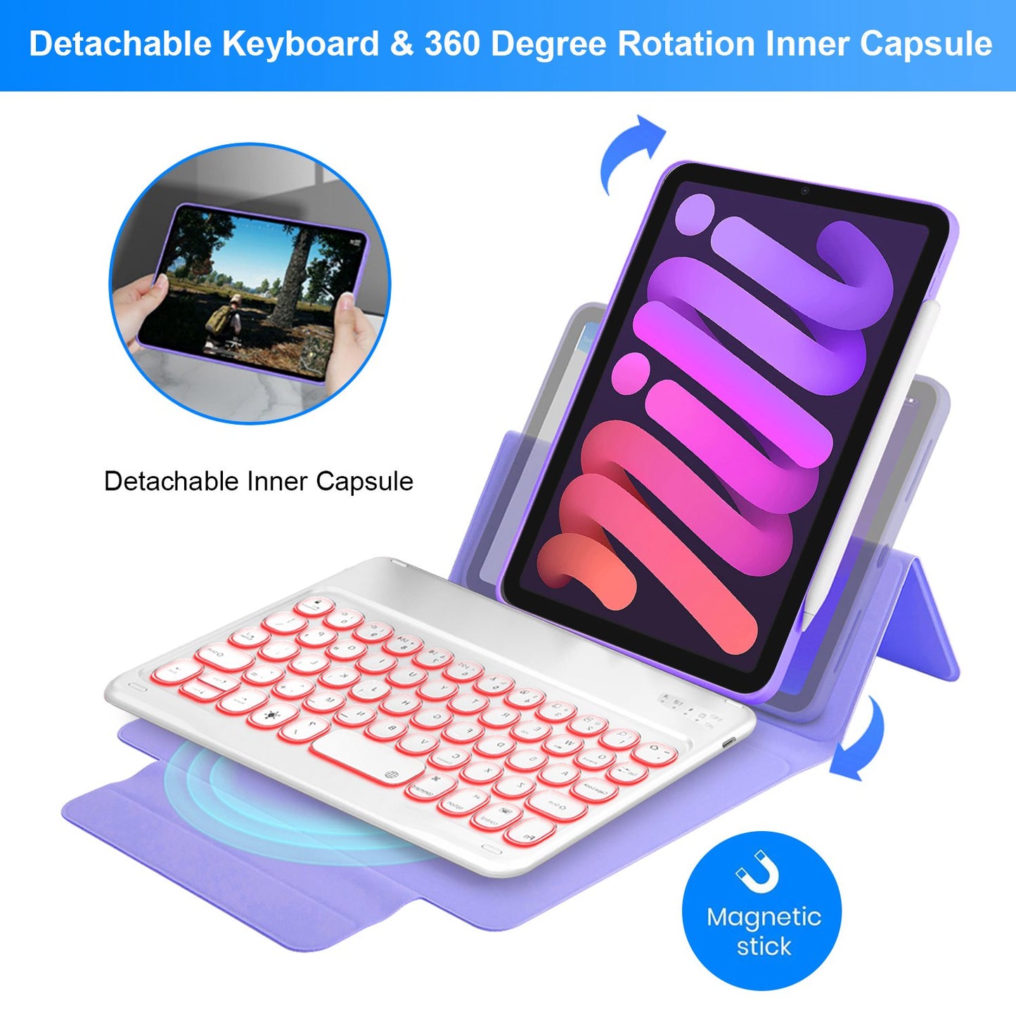 Detachable TPU Tablet Stand Case Shock Resistant Magnetic Detachable Bluetooth Keyboard Protective Cover with Backlit for iPad mini (2021)