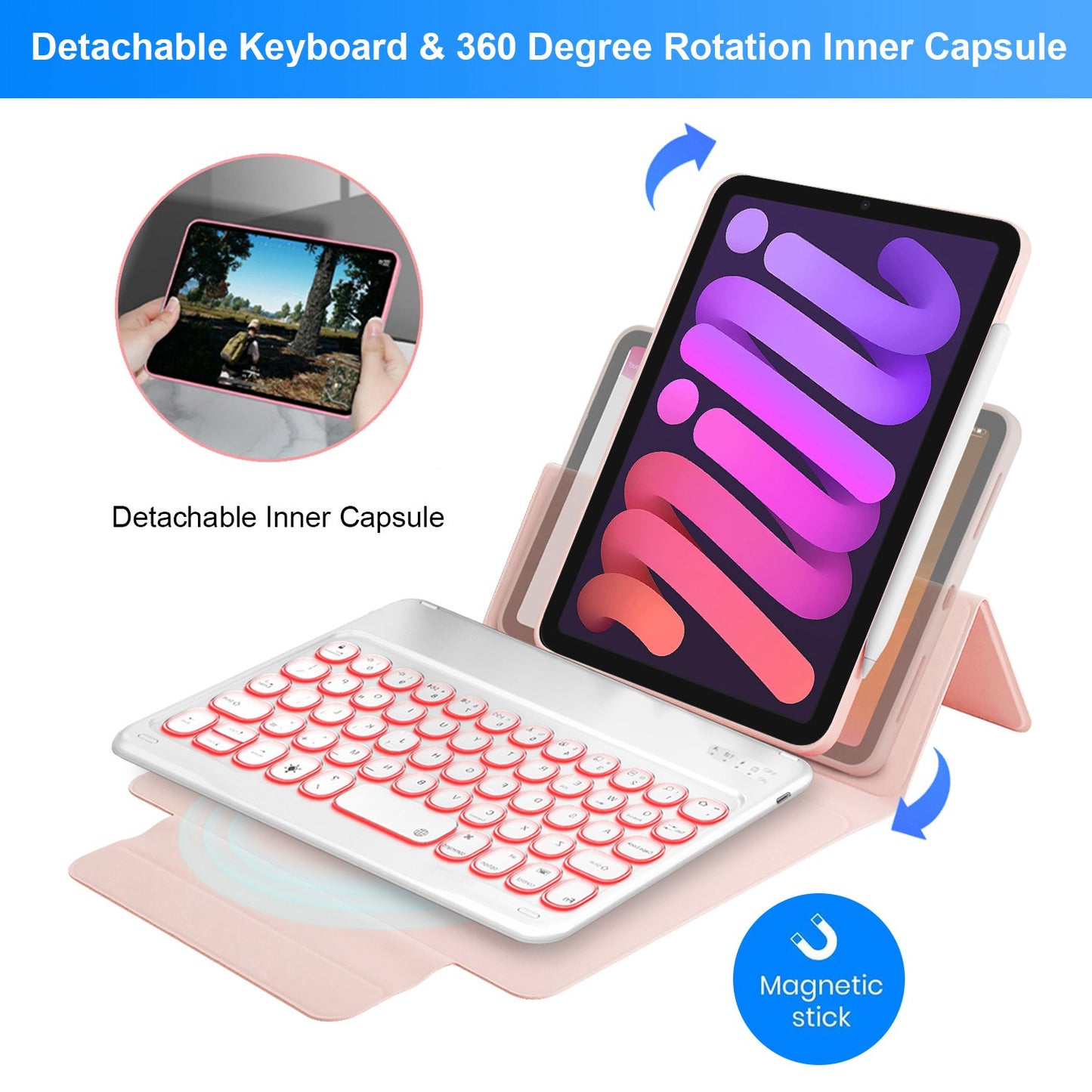 Detachable TPU Tablet Stand Case Shock Resistant Magnetic Detachable Bluetooth Keyboard Protective Cover with Backlit for iPad mini (2021)