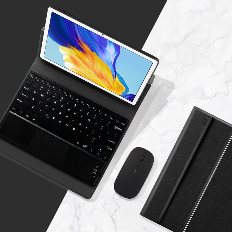 JIUYU Touchpad Bluetooth Keyboard + Foldable Hinge Stand Protective Leather Case Cover for Honor Pad 7 10.1-inch