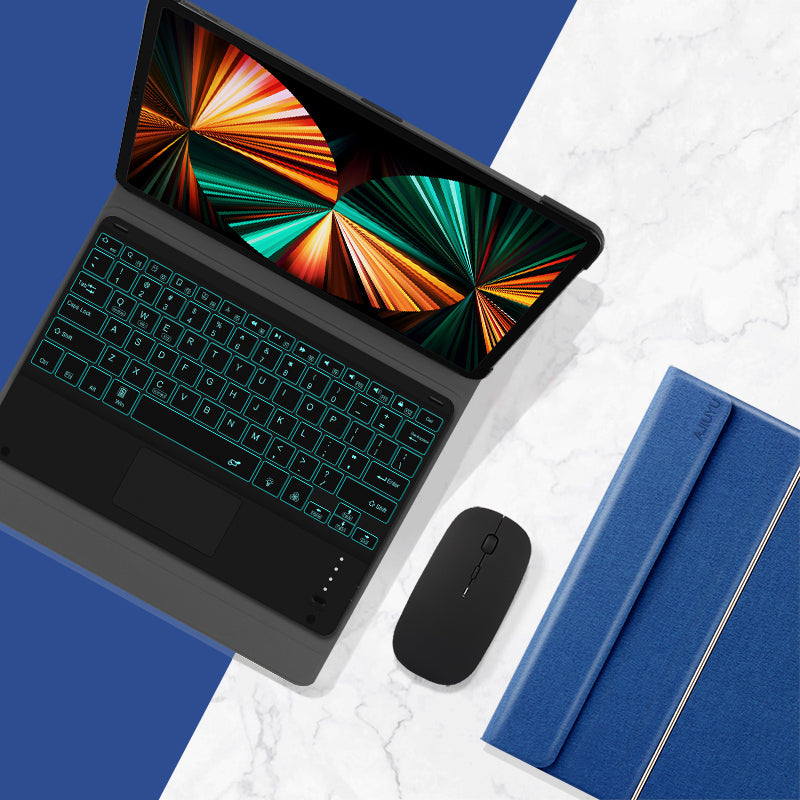 JIUYU Detachable Bluetooth Touchpad Multi-color Backlit Design Keyboard + Multi-angle Hinge Stand Leather Case Protector for iPad Pro 12.9-inch (2020)/(2021)