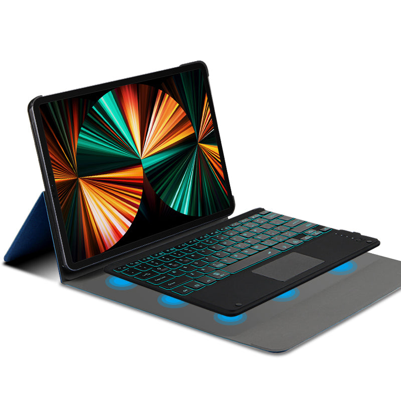 JIUYU Detachable Bluetooth Touchpad Multi-color Backlit Design Keyboard + Multi-angle Hinge Stand Leather Case Protector for iPad Pro 12.9-inch (2020)/(2021)