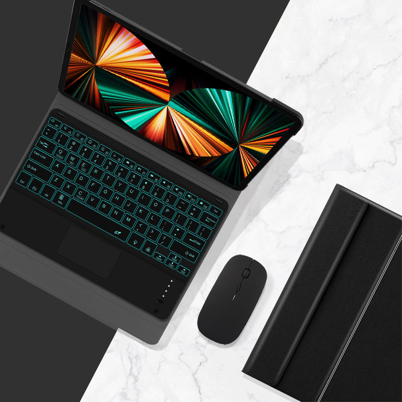 JIUYU Detachable Bluetooth Touchpad Multi-color Backlit Design Keyboard + Multi-angle Hinge Stand Leather Case Protector for iPad Pro 12.9-inch (2020)/(2021)