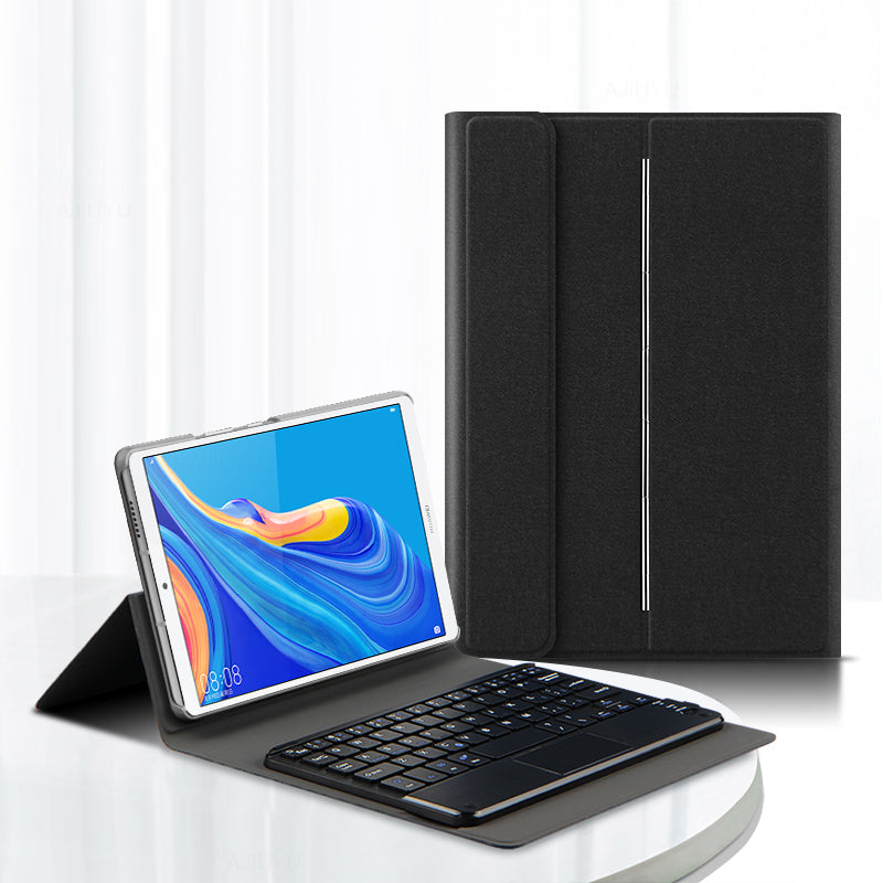 JIUYU Durable Detachable Touchpad Bluetooth Keyboard + Anti-fall Leather Cover Case with Hinge Tri-fold Stand for Huawei MediaPad M6 8.4-inch