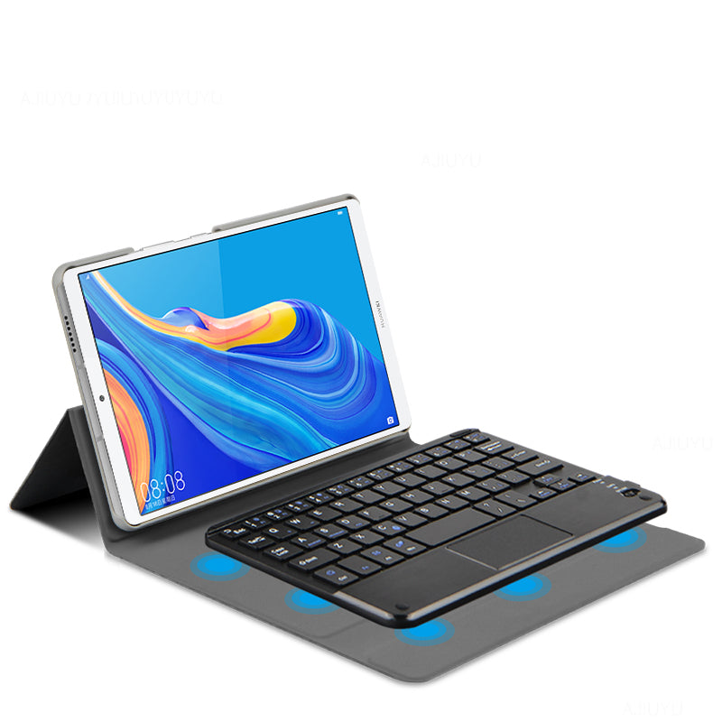 JIUYU Durable Detachable Touchpad Bluetooth Keyboard + Anti-fall Leather Cover Case with Hinge Tri-fold Stand for Huawei MediaPad M6 8.4-inch