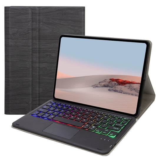 SFGO-AS for Microsoft Surface Go/Go 2/Go 3 Three Colors Backlit Touch Mouse Design Bluetooth 5.0 Keyboard + Wood Texture PU Leather Outer Cover Set with TPU Inner Bumper Case