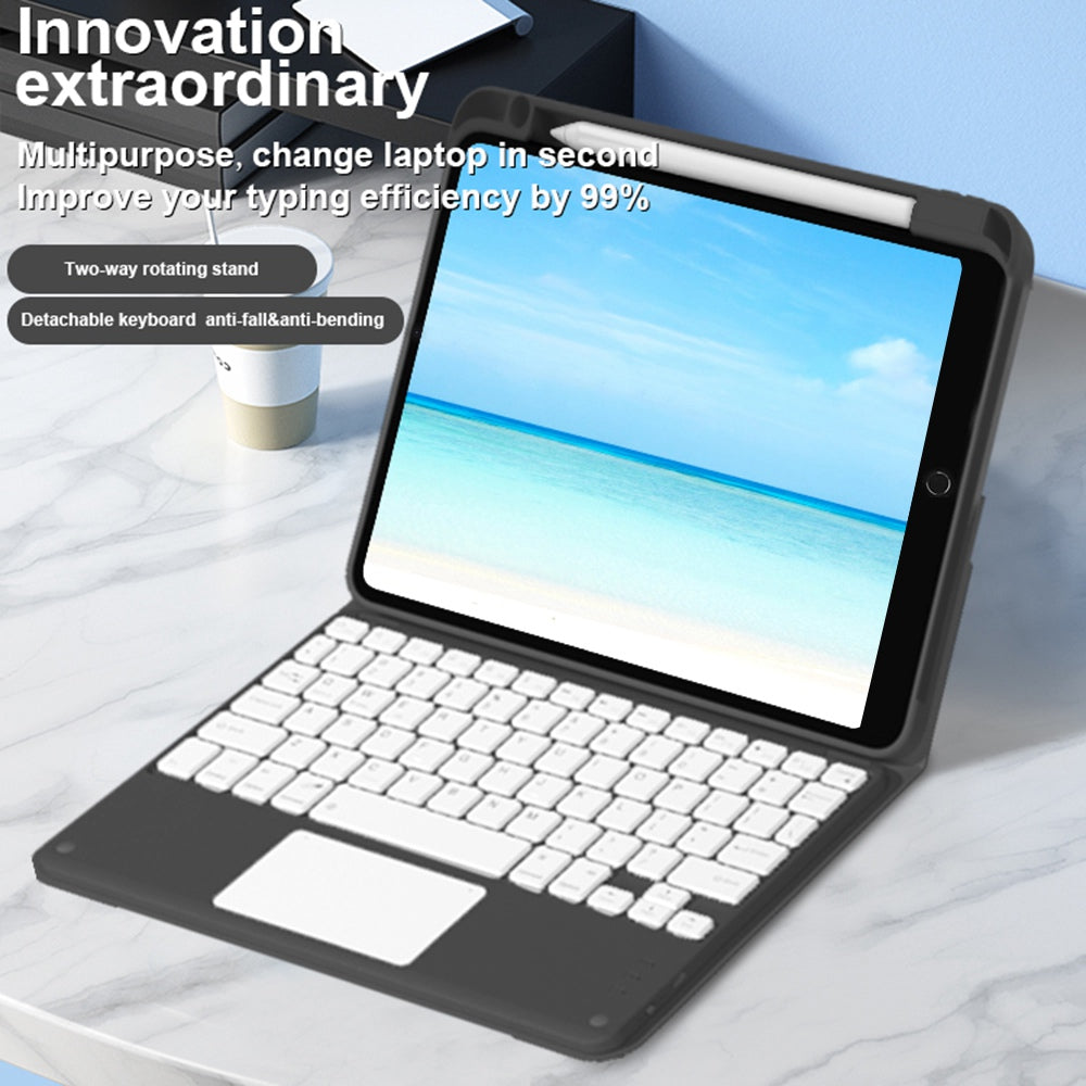 For iPad 10.2 (2021)/(2019)/(2020) Detachable Bluetooth Keyboard with TouchPad + Rotating Leather Protective Cover Case with Pencil Holder