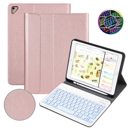 For iPad 9.7-inch (2017)/(2018)/Pro 9.7 inch (2016)/Air 2/Air (2013) Portable Bluetooth Keyboard with 7-Color Backlit + Litchi Texture Anti-Drop Protective Case