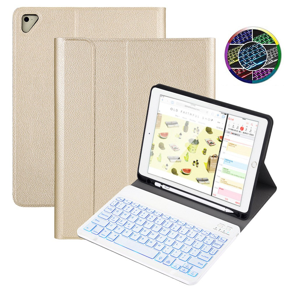 For iPad 9.7-inch (2017)/(2018)/Pro 9.7 inch (2016)/Air 2/Air (2013) Portable Bluetooth Keyboard with 7-Color Backlit + Litchi Texture Anti-Drop Protective Case