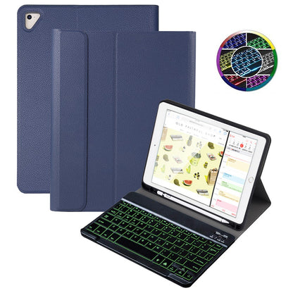 For iPad 9.7-inch (2017)/(2018)/Pro 9.7 inch (2016)/Air 2/Air (2013) Portable Bluetooth Keyboard with 7-Color Backlit + Litchi Texture Anti-Drop Protective Case