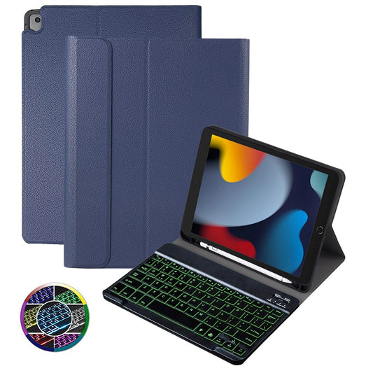 For iPad 10.2 (2021)/(2019)/(2020)/Air 10.5 inch (2019)/10.5-inch (2017) Litchi Texture Shockproof Leather Case with Portable Bluetooth Keyboard Support 7-Color Backlit