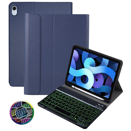 For iPad Air (2020)/(2022) Litchi Texture Anti-Scratch Stand Case with Magnetic Detachable Bluetooth Keyboard 7-Color Backlit Wireless Keyboard