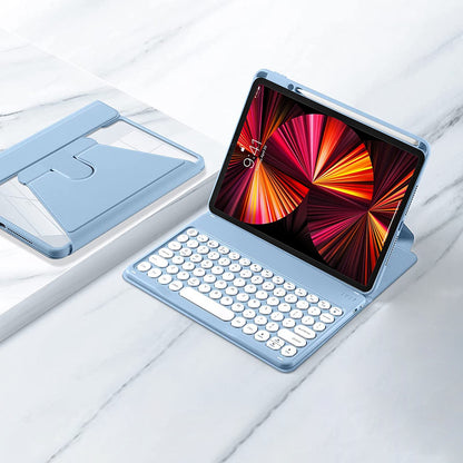 For iPad Air (2022)/(2020)/iPad Pro 11-inch (2021)/(2020)/(2018) PU Leather 360-degree Rotating Stand Protective Cover with X3 Round Keys Bluetooth Keyboard