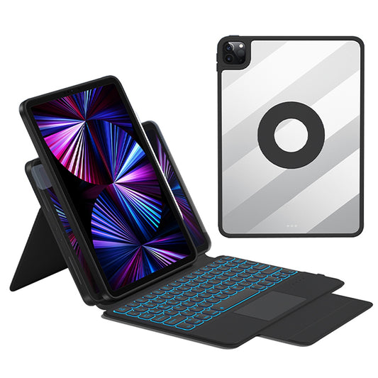 For iPad Air (2022)/(2020)/iPad Pro 11-inch (2021)/(2020)/(2018) Clear Rotating Keyboard Case with X15 Backlight Bluetooth Keyboard + Trackpad + Pencil Holder