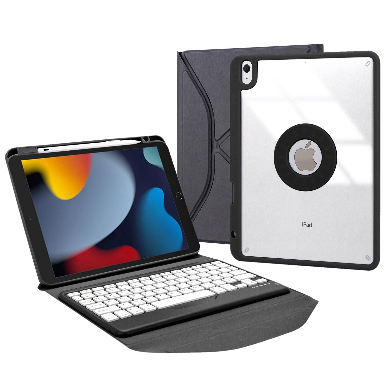 Z102B for iPad 10.2 (2021)/(2020)/(2019) Bluetooth Keyboard Leather Protective Cover + Transparent Back Case with Triangle Stand and Built-in Pen Slot