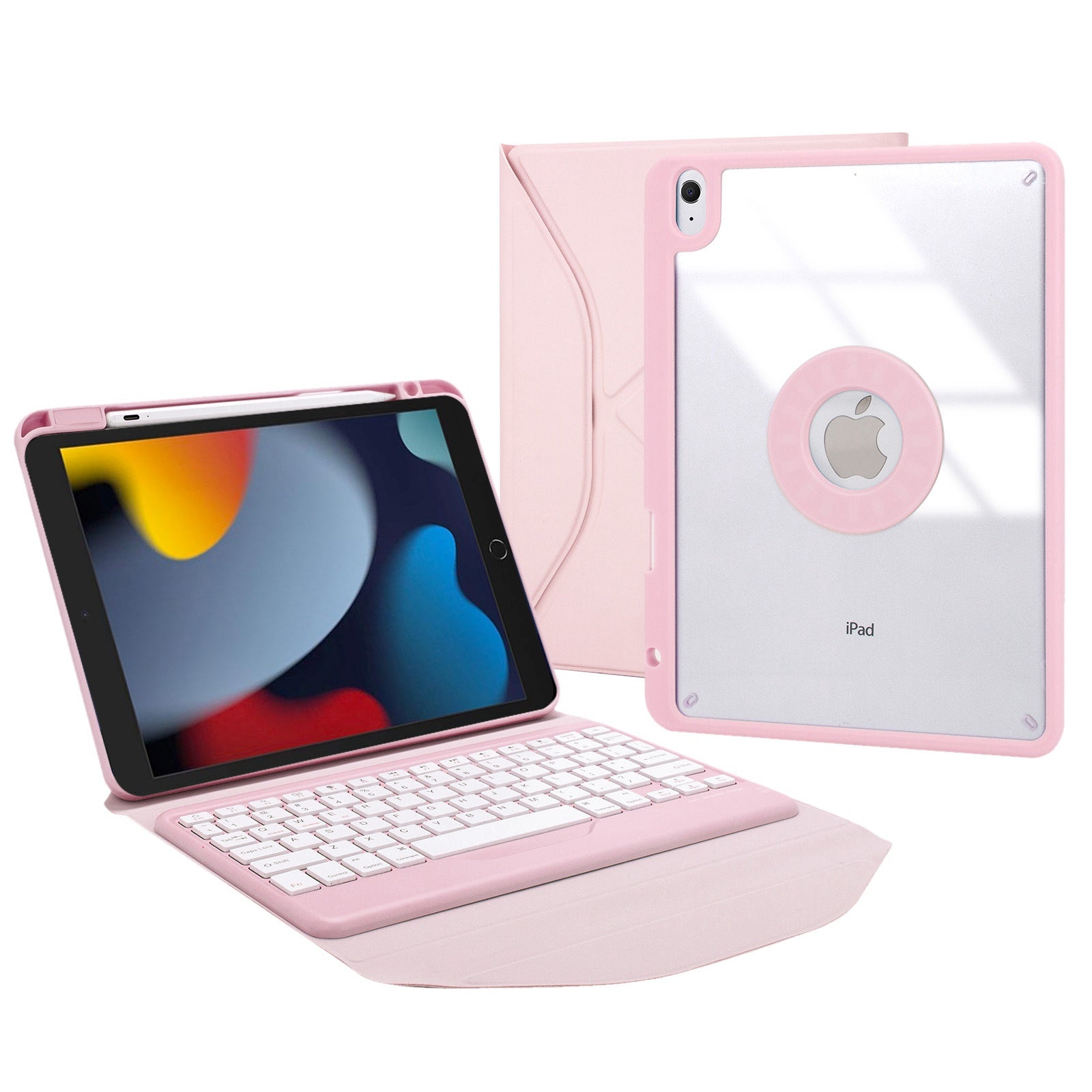 Z102B for iPad 10.2 (2021)/(2020)/(2019) Bluetooth Keyboard Leather Protective Cover + Transparent Back Case with Triangle Stand and Built-in Pen Slot
