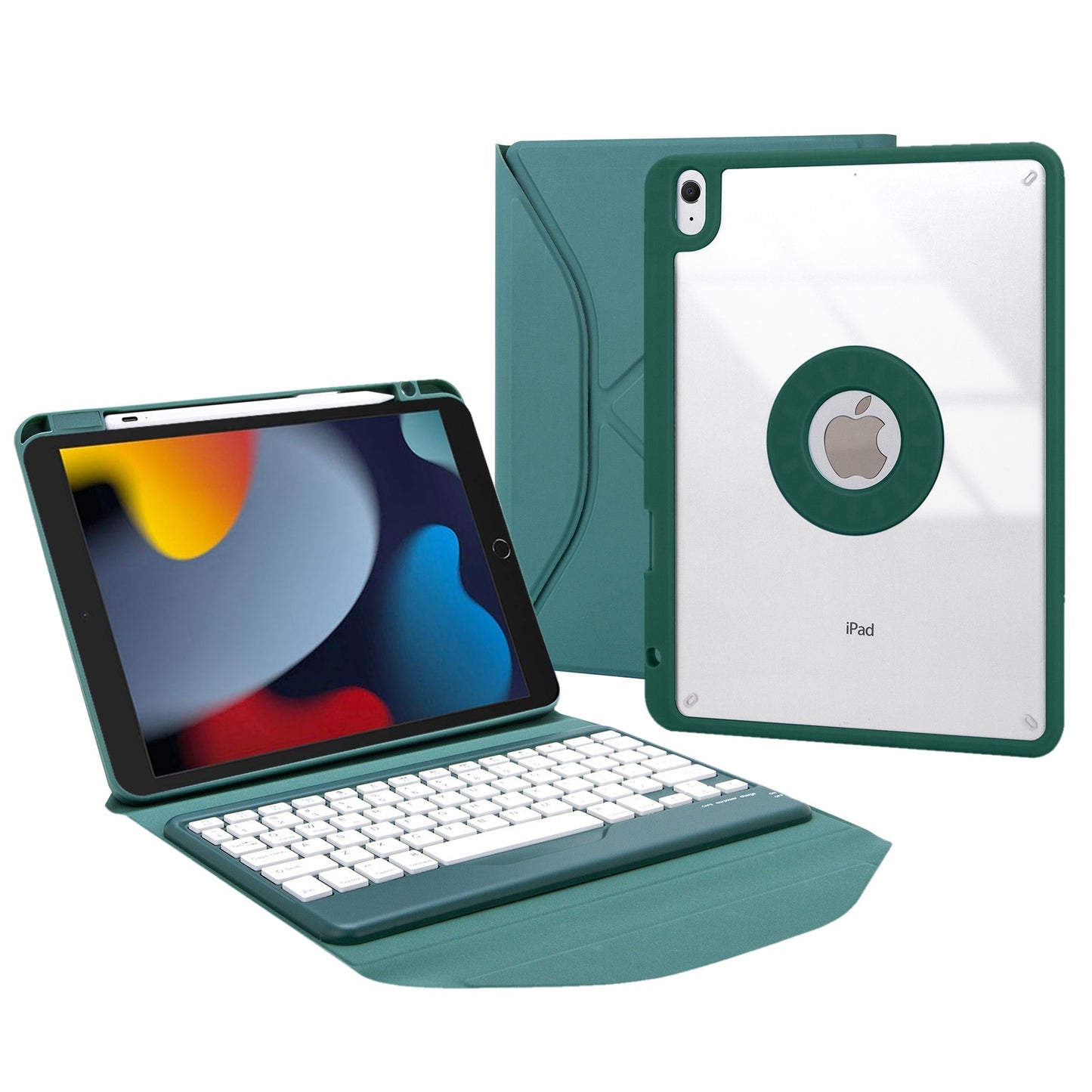 Z102B for iPad 10.2 (2021)/(2020)/(2019) Bluetooth Keyboard Leather Protective Cover + Transparent Back Case with Triangle Stand and Built-in Pen Slot
