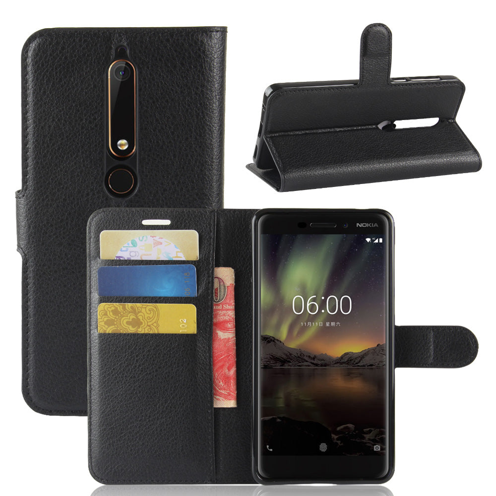 Litchi Texture PU Leather Wallet Stand Mobile Phone Shell for Nokia 6.1 (5.5-inch)