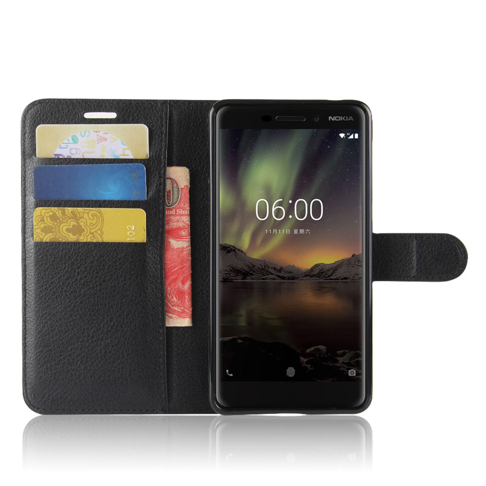 Litchi Texture PU Leather Wallet Stand Mobile Phone Shell for Nokia 6.1 (5.5-inch)