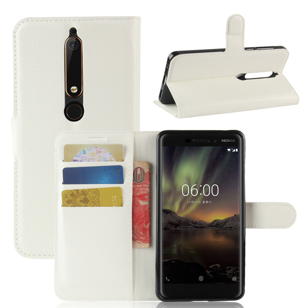 Litchi Texture PU Leather Wallet Stand Mobile Phone Shell for Nokia 6.1 (5.5-inch)