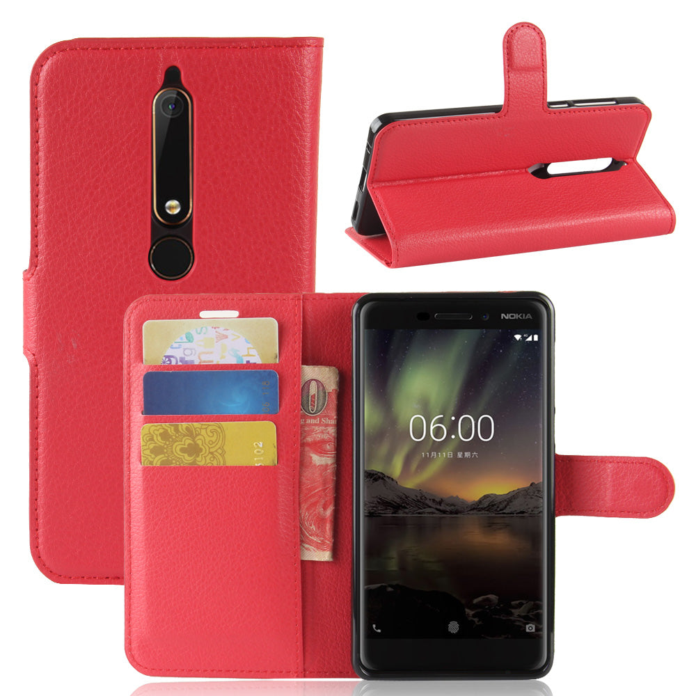 Litchi Texture PU Leather Wallet Stand Mobile Phone Shell for Nokia 6.1 (5.5-inch)