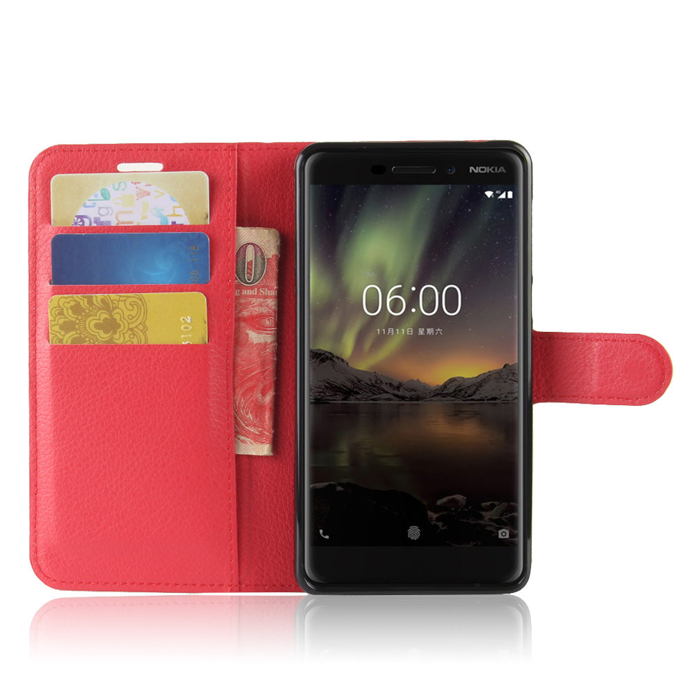 Litchi Texture PU Leather Wallet Stand Mobile Phone Shell for Nokia 6.1 (5.5-inch)