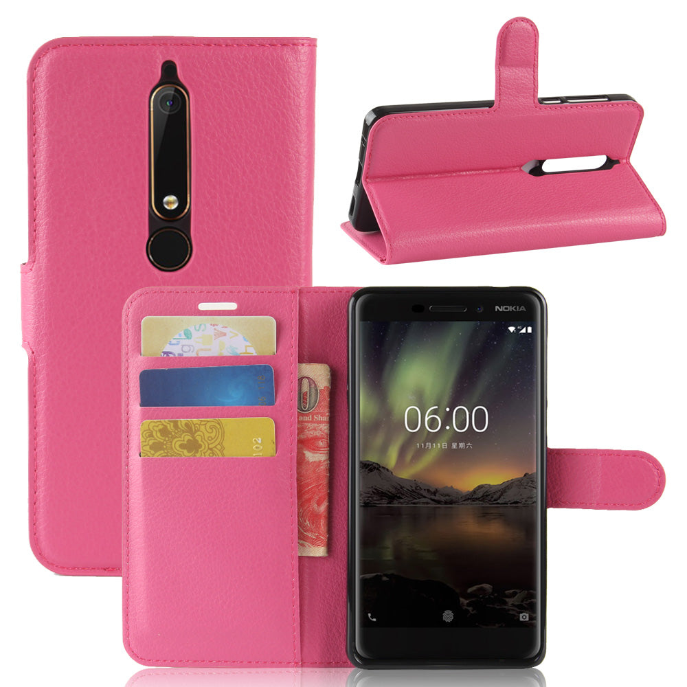 Litchi Texture PU Leather Wallet Stand Mobile Phone Shell for Nokia 6.1 (5.5-inch)