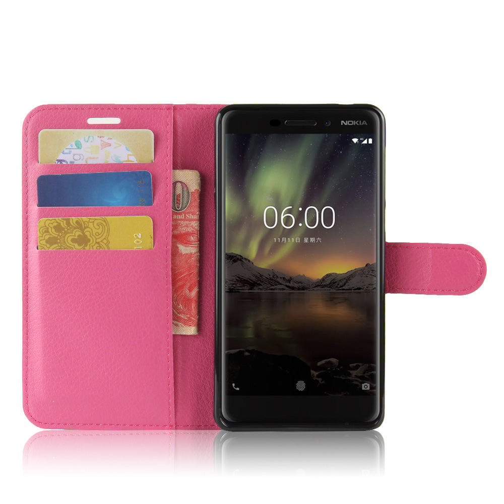 Litchi Texture PU Leather Wallet Stand Mobile Phone Shell for Nokia 6.1 (5.5-inch)