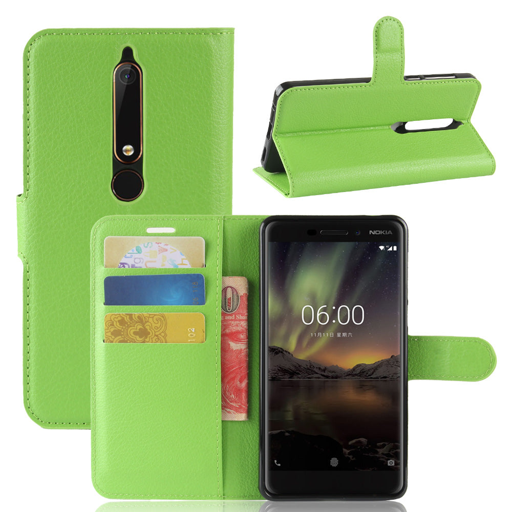 Litchi Texture PU Leather Wallet Stand Mobile Phone Shell for Nokia 6.1 (5.5-inch)