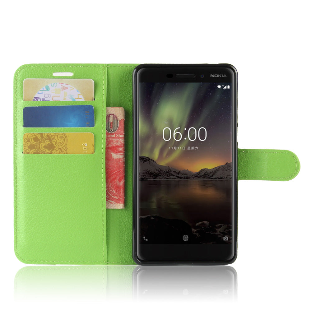 Litchi Texture PU Leather Wallet Stand Mobile Phone Shell for Nokia 6.1 (5.5-inch)