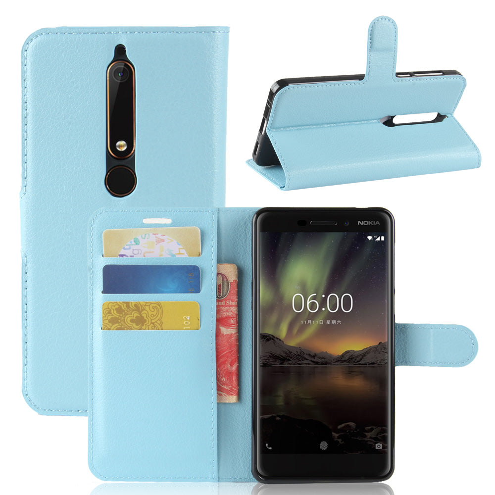 Litchi Texture PU Leather Wallet Stand Mobile Phone Shell for Nokia 6.1 (5.5-inch)