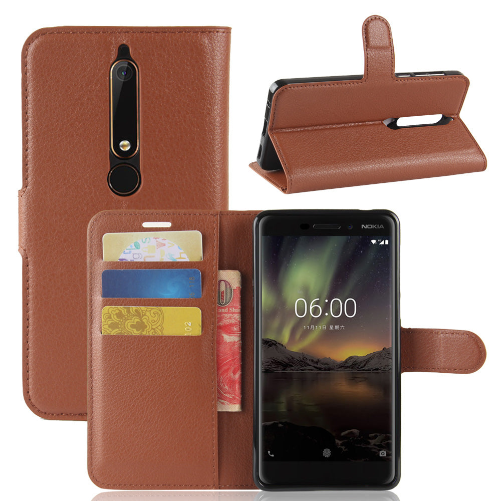 Litchi Texture PU Leather Wallet Stand Mobile Phone Shell for Nokia 6.1 (5.5-inch)
