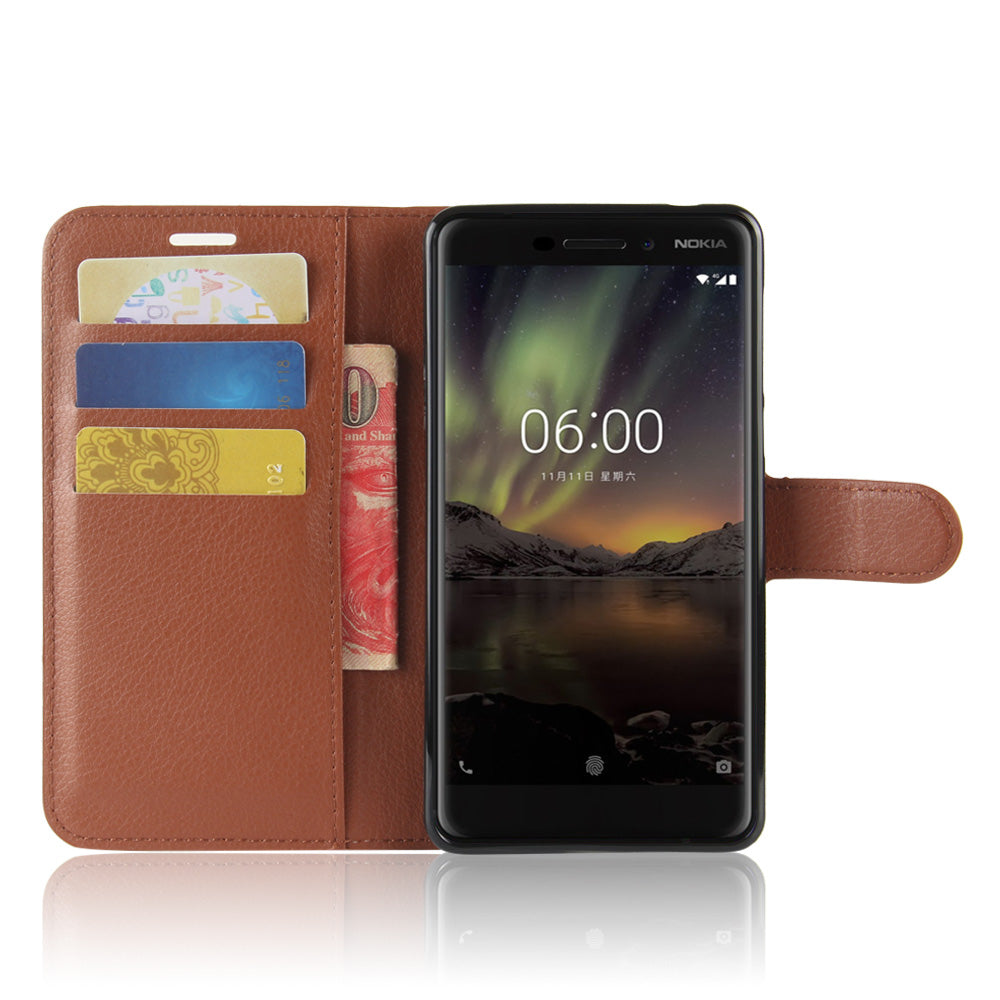 Litchi Texture PU Leather Wallet Stand Mobile Phone Shell for Nokia 6.1 (5.5-inch)