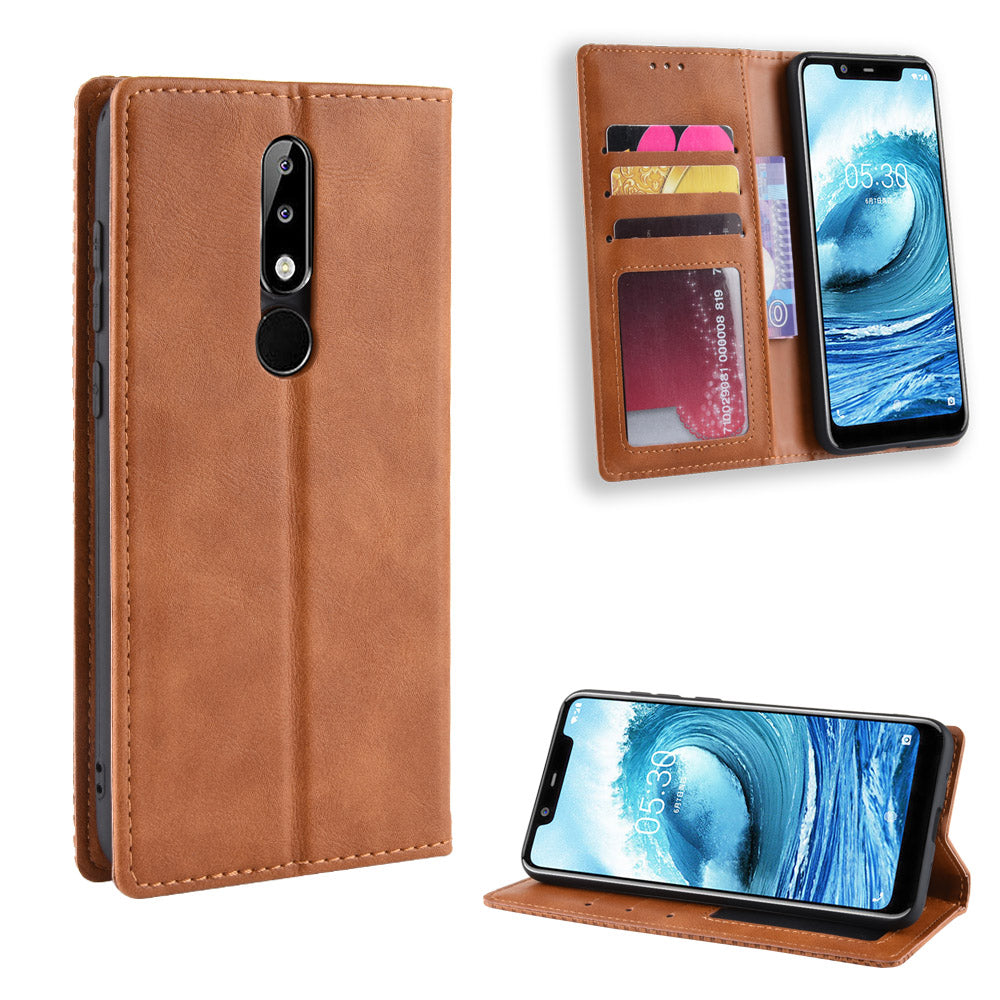 Retro Style Leather Auto-absorbed Wallet Casing for Nokia 5.1 Plus/X5