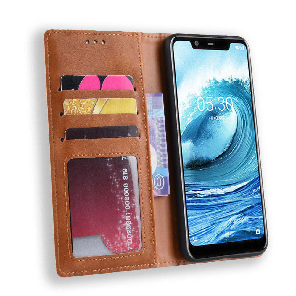 Retro Style Leather Auto-absorbed Wallet Casing for Nokia 5.1 Plus/X5