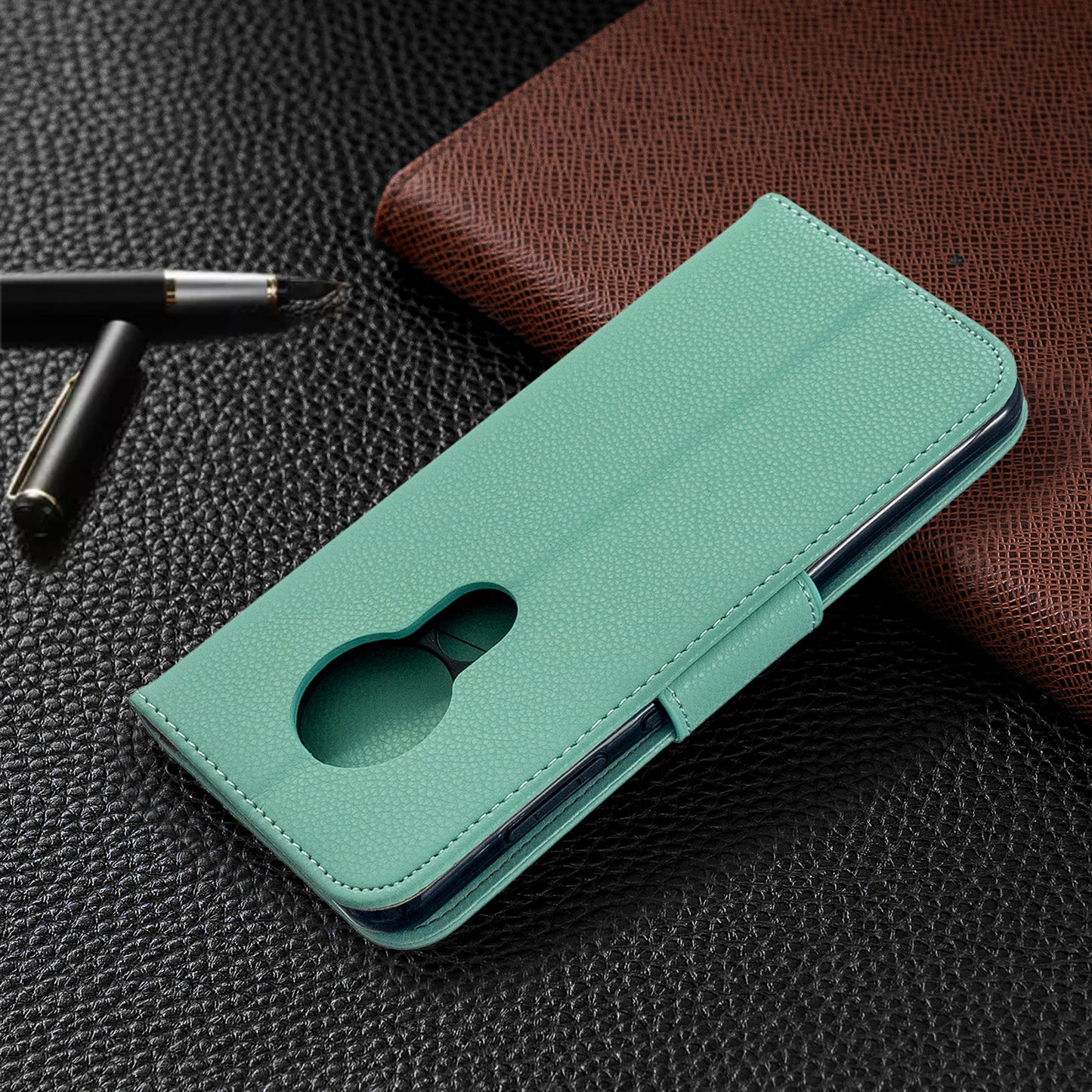 Litchi Texture Leather Wallet Stand Phone Cover with Strap for Nokia 7.2 / Nokia 6.2