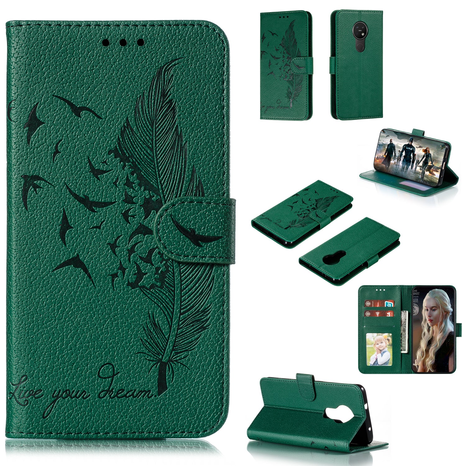 Litchi Design Imprint Feather Leather Phone Case with Wallet Stand for 	Nokia 7.2