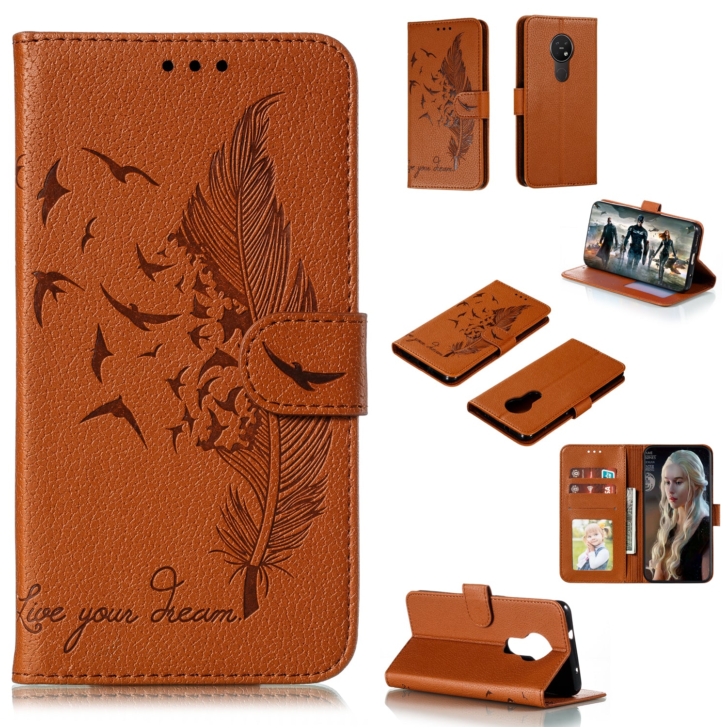 Litchi Design Imprint Feather Leather Phone Case with Wallet Stand for 	Nokia 7.2