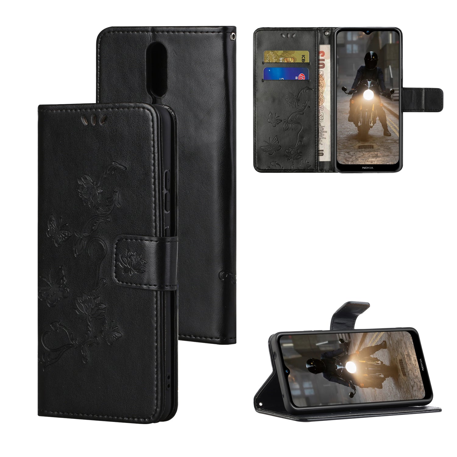 Imprint Butterfly Flower Wallet Leather Stand Cover Case for Nokia 2.4