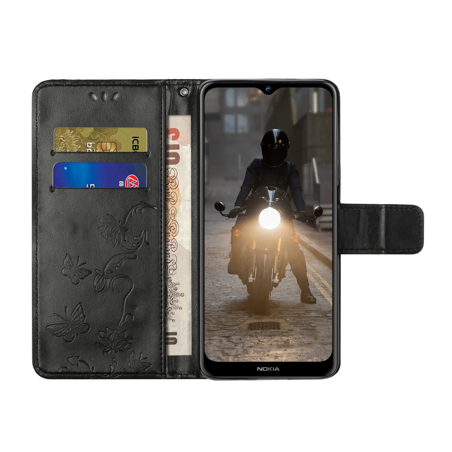 Imprint Butterfly Flower Wallet Leather Stand Cover Case for Nokia 2.4