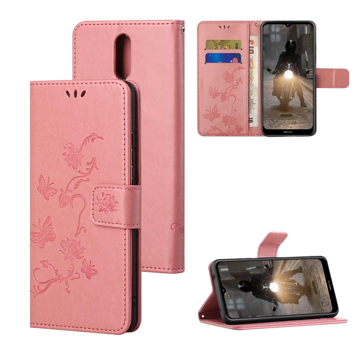 Imprint Butterfly Flower Wallet Leather Stand Cover Case for Nokia 2.4
