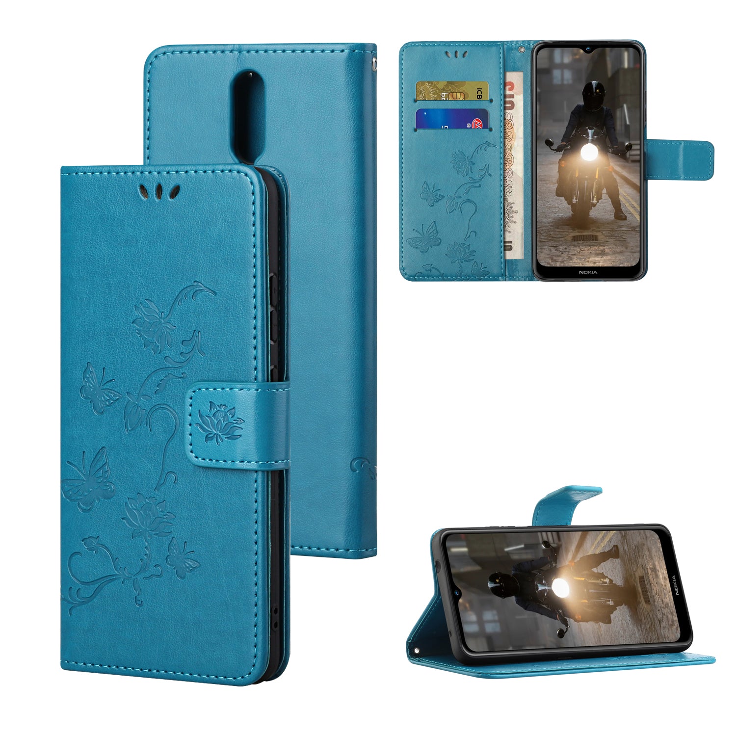 Imprint Butterfly Flower Wallet Leather Stand Cover Case for Nokia 2.4