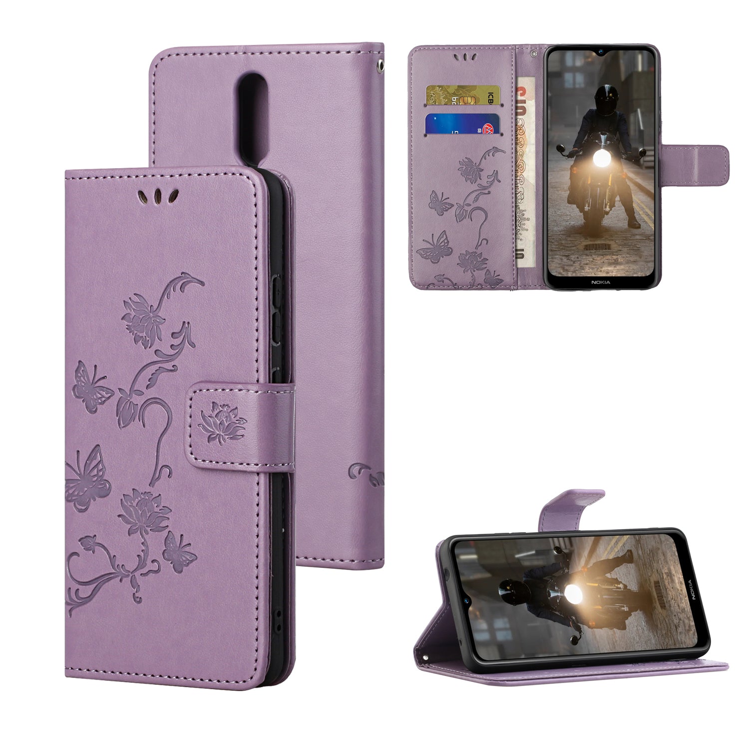 Imprint Butterfly Flower Wallet Leather Stand Cover Case for Nokia 2.4
